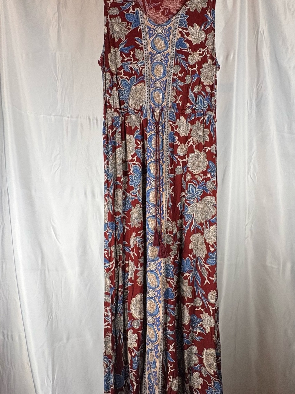 Lucky Brand Burgundy Floral Maxi Dress with Blue & Cream Accents